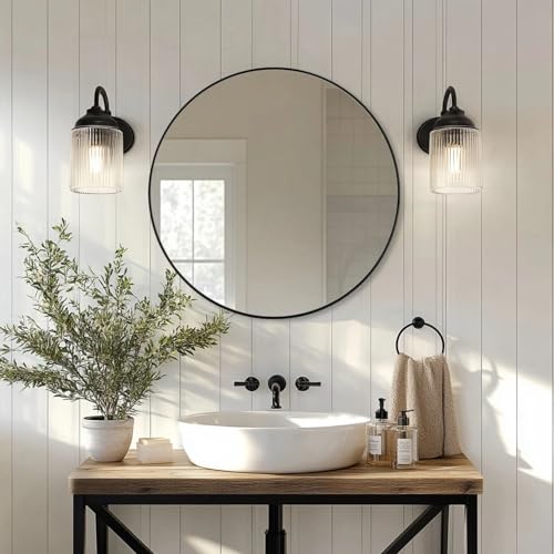 Image of ANDY STAR Black Round Mirror Bathroom Mirrors, 28 Inch Vanity Mirror with Rust-Poof SUS304 Frame, Matte Black Mirror for Living Room, Powder Room, Entryway