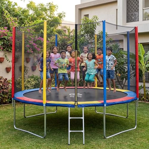 Image of Hop N Play 12FT Rainbow Trampoline for Kids & Adults | Heavy Duty, 200kg Capacity, Safety Net, Ladder, Indoor /Outdoor Fitness Bouncer for Family Fun & Exercise
