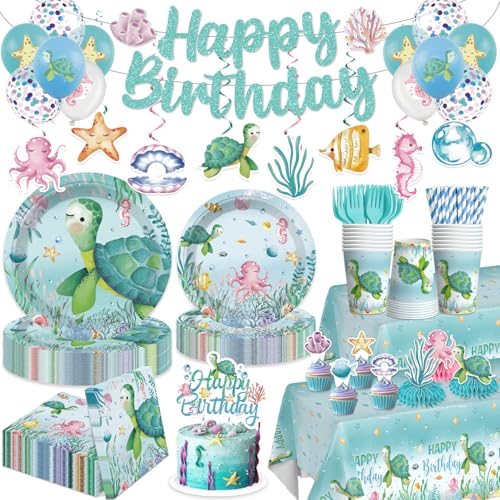 213 pcs Ocean Birthday Party Decorations Serves 25 Guests All-in-One Turtle Birthday Party Pack Includes Banner Plates Tablecloth Cake Toppers Balloons