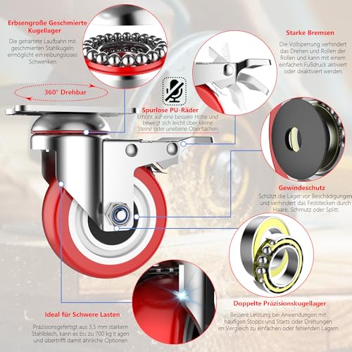 Deutnart 100mm Transportrollen mit Bremse, Extra Schwerlastrollen 700kg Tragfähigkeit, Langlebige Schmutzabweisende Lenkrollen (3. Generation, Verbesserter Premium Stahl, Solides Rad), 4er Pack, Rot