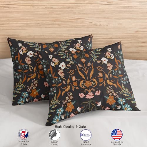 Image of Boho Bohemian Farmhouse Black and Orange Wildflower Garden Floral Duvet Comforter Cover and Sham 3 pc. Full Queen Size Bed Bedding Set Bedroom Aesthetic Botanical Cottagecore Flower Print Vintage