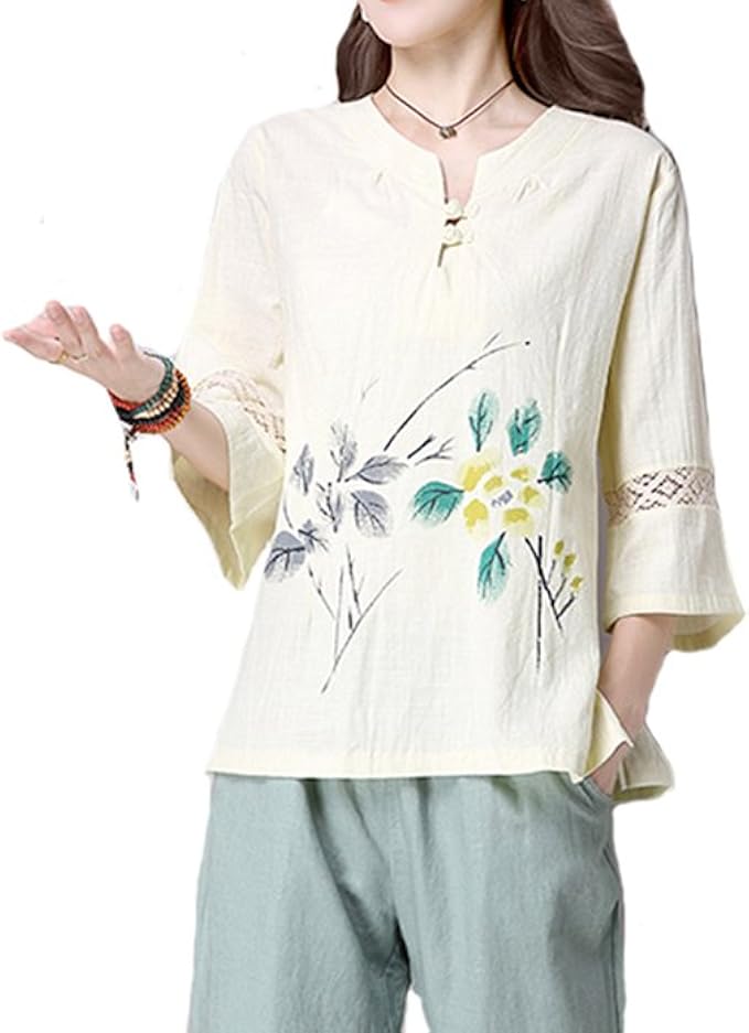 Amazon モリマート Morimart レディース チャイナ服 Tシャツ ブラウス Vネック 七分袖 中国風 綿麻 プリント スウェット カジュアル シャツ ブラウス 通販