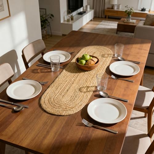 Image of Encasa XO Dining Table Runner | Handmade Woven Natural Jute Runner | Size 30x91 cm | Jute Natural Bleach Color | Heat Resistant Rustic Home Decor for Coffee, Teapoy Cover & Center Table