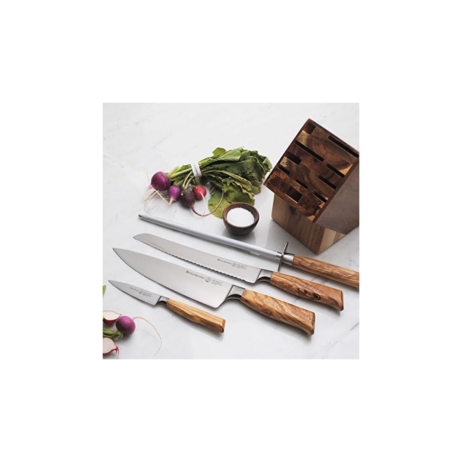Messermeister Oliva Elite 5-Piece Next Level Block Set - Includes Chef’s, Bread, Utility & Paring Knife + Knife Block