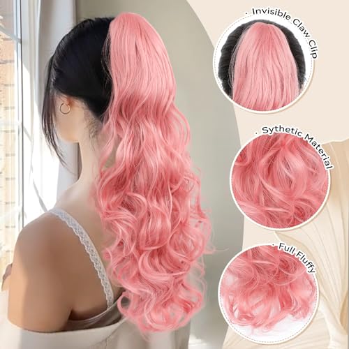 Image of 24 inch Ponytail Extension, Long Curly Wavy Claw Clip and Natural-Looking Synthetic Hairpiece, Voluminous Pony TailHair Extensions for Women Daily Wear. (Pink, 24Inch)