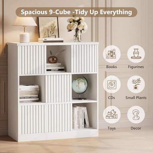 Einhomn Cube Storage Organizer with Sliding Doors, Wooden Bookshelf Storage Cabinet, 9 Cube Bookcase Organizer for Living Room Bedroom Office, White by Einhomn - Used condition - Image 3