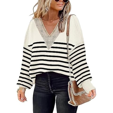 Women's 2025 Fall Sweaters Trendy Long Sleeve Lace V Neck Color Block Striped Sweater Winter Oversized Pullover Knitted Tops(XL.Stripe Apricot) Cover