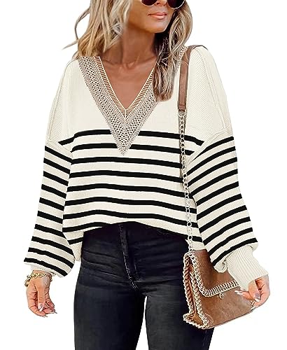 Disamer Women's 2025 Fall Sweaters Trendy Long Sleeve Lace V Neck Color Block Striped Oversized Pullover Knitted Tops