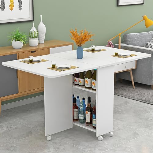 Foldable Kitchen Dining Table Modern Expandable Table with 6 Wheels SpaceSaving Extendable Table with 2 Shelves Perfect for Restaurants and Home Use