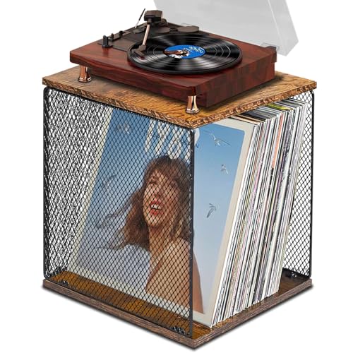 Armazenamento de discos de vinil, prateleira de madeira premium com tela de metal visual e grande ca