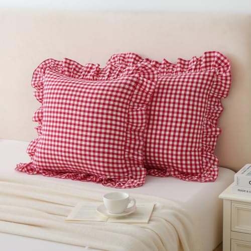 Silnuo Red/White Gingham Ruffle Throw Pillow Covers Set of 2