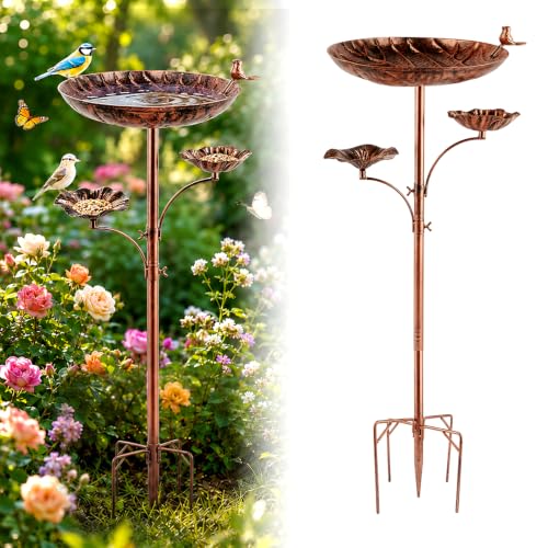 Image of Metal Bird Bath for Outside, Triple Birdbath Feeder Bowl for Outdoor | 11.8in Top+5.5in Side Bowls,Metal With Powder Coat,4-Claw Ground Stake,Tool-Free Assembly;For Garden,Patio,Yard