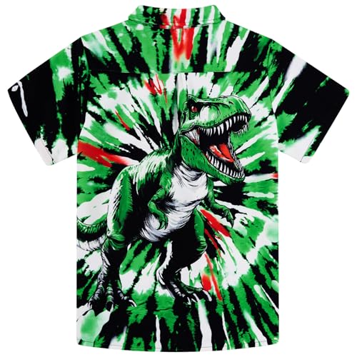 Image of uideazone Size 7-8 Tie Dye Shirts for Boys Funny Dinosaur Printed Button Up Shirt Hawaiian Luau Short Sleeve Casual Blouse Tops for Holiday Beach Party