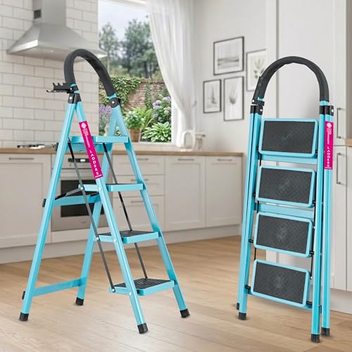 Image of Casa Copenhagen Teal Blue 4 Step Ladder for Home Use with Built-in Tool Tray | Heavy Duty D Shape Rods | Ultra Large Platform | Wide Rubber Feet | 150Kg Capacity Foldable Ladder - 7 Years Warranty