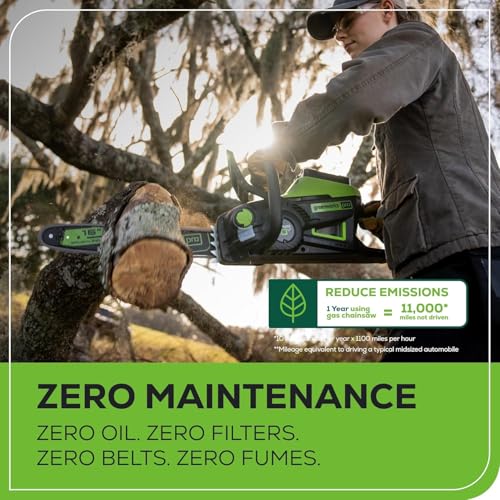 Image of Greenworks 60V 16 inch Brushless Cordless Chainsaw (42 CC Gas Equivalent, Auto Oiler, Chain Brake), 2.5Ah Battery, Charger + Bonus 4.0Ah Battery