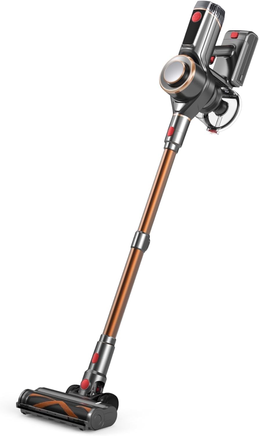 Cordless Vacuum Cleaner, 600W Dual-Motor Stick Vacuum with AI Auto Suction and Dual HEPA Filters, Self-Standing (Brown)