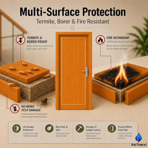 Image of PVC Door with Frame, 30 mm Thick, 27 x 81 Inches (2.25 x 6.75 ft), Light Brown Color, Waterproof, Termite Resistant, 550 Density, 12 kg