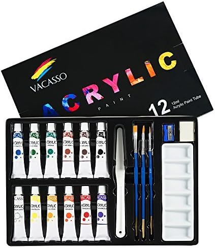 Acrylic Paint Set by VACASSO, 12 Vibrant Colors Kit with 3pcs Brushes, Palette and more Accessories, Professional Quality for Kids, Adults & Artist