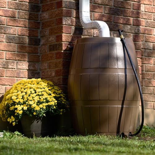 Image of FCMP Outdoor Raincatcher 4000 Rain Barrel, Flat-Back Rainwater Catcher with Spigots, 50 Gallon, Brown - Portable Water Storage Container Tank for Home, Garden, and Backyard