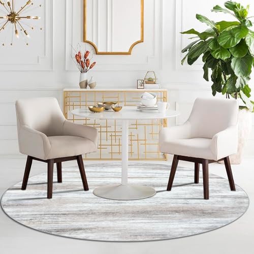 KOZYFLY Modern Abstract Round Rug 5Ft, Washable Kitchen Rug Non-Slip Soft Bathroom Circle Rug, Beige Striped Entryway Rugs Abstract Print Faux Wool Doormat for Bedside Entrance Bedroom Sink