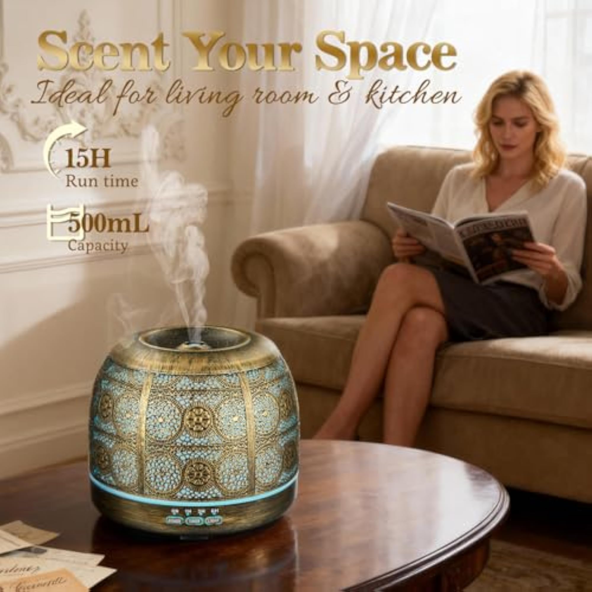 500ml Metal Essential Oil Diffuser, Ultrasonic