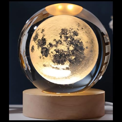 Image of 3D Crystal Ball Night Light with Wooden Base, Aesthetic Clear LED Lamp for Home and Bedroom Touch Switch, Warm Light for Kids and Teens Perfect Birthday & Anniversary (Crystal Moon Lamp)