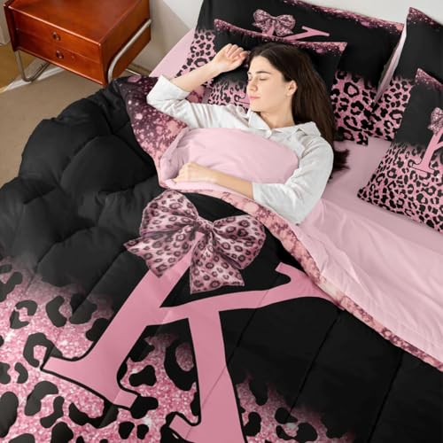 Image of Feelyou Pink Leopard Bow Comforter Set King Size 7 Pieces Initial Letter K Bedding Set for Kids Boys Girls Girly Bowknot Bed in a Bag with Comforter, Sheets, Pillowcases, Cushion Covers Bedroom Decor