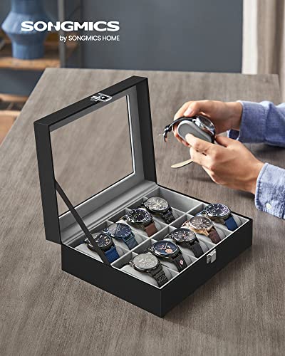 Image of SONGMICS Watch Box with 10 Slots, Watch Case with Glass Lid, Watch Display Box with Removable Watch Pillows, Metal Clasp, Gift Idea, Black Synthetic Leather, Greenish Grey Lining JWB010BK