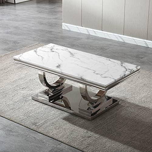 Goujxcy 111266923 Modern Marble Coffee Table, Rectangular White And Silver With U-Shape Stainless Steel Base With Silver Mirrored Finish For Living Room thumb #6