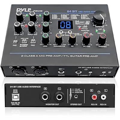واجهة صوت Pyle USB - MIC/LINE - جيتار - إدخالات AUX Stereo وRCA - مؤثرات رقمية 24 محددة مسبقًا - طاقة وهمية - مخرجات الهاتف/الاستريو/الشاشة/سماعة الرأس - لتشغيل الكمبيوتر وتسجيله - PMUX9