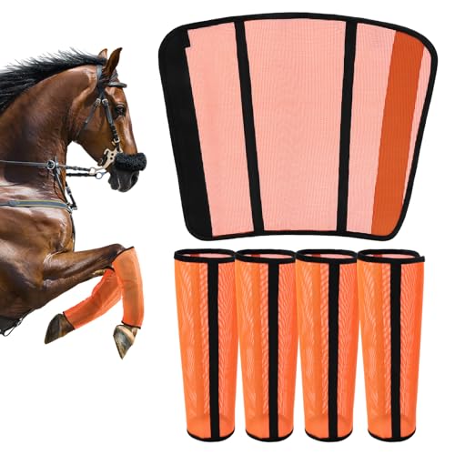 Fly Boots for Horses Set of 4 – Innovative Curved-Edge Design, Anti-Sag Stays, Breathable Mesh Leg Protection, Reduces Stomping & Fatigue, Comfort Fit for Medium to Large Horses - Orange
