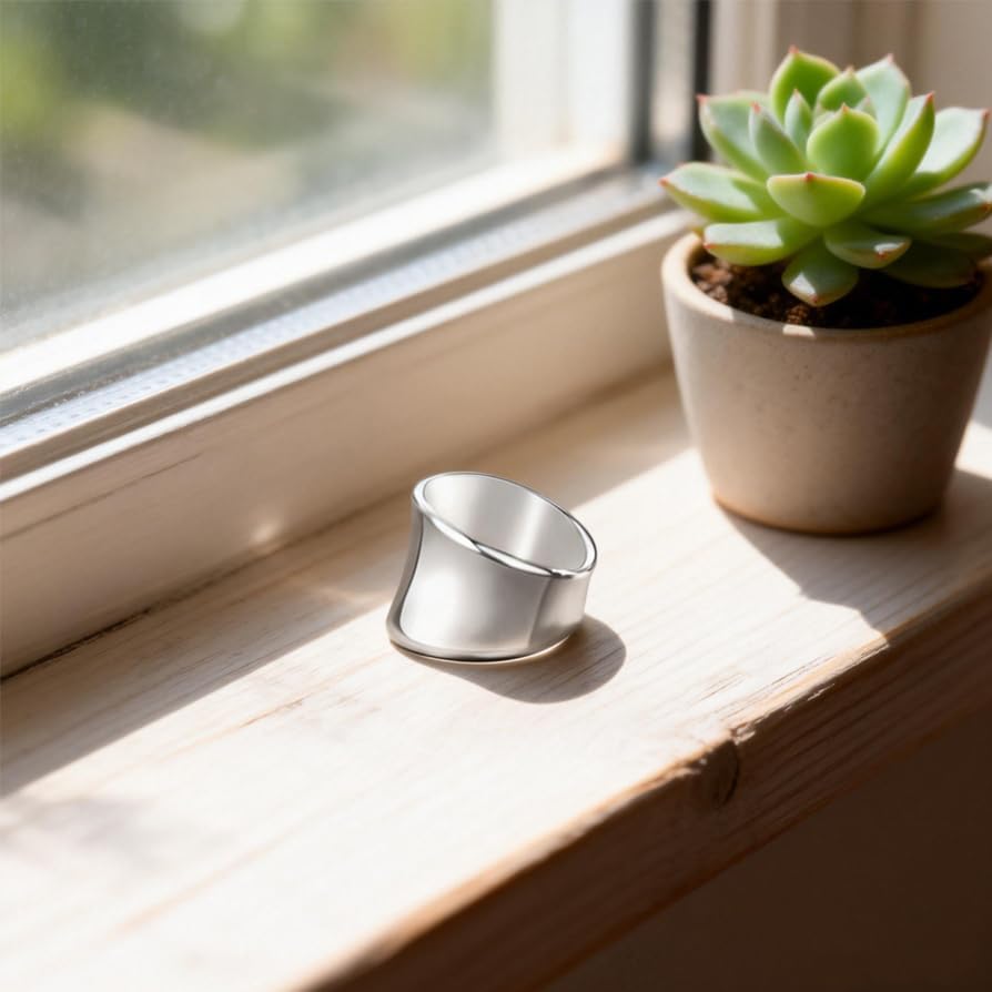 Classic Silver Wide Band Ring, Thick Silver Plated Statement Thumb Index Finger Chunky Cocktail Party Ring Jewelry - Image 5