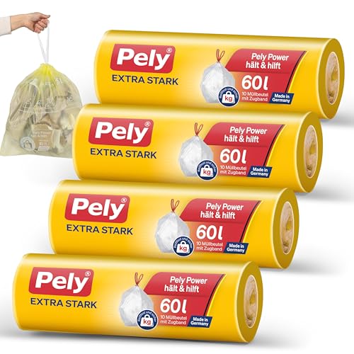 Pely Zugband Müllbeutel extra stark - Vorteilspack (4 x 10 Stück), gelb, für die Entsorgung von Restabfall (60 Liter) (60 Liter) Pely Zugband Müllbeutel extra stark - Vorteilspack (4 x 10 Stück), gelb, für die Entsorgung von Restabfall (60 Liter) (60 Liter)