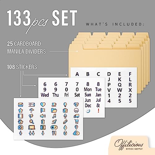 OFFILICIOUS 25 Manila Index Card Box Dividers 3x5" - Index Card Dividers with Tabs & 108 Easy-Read Stickers - Index Card Monthly Dividers, Recipe Guides, Greeting Card Dividers with Tabs, Card File - Thumbnail 2