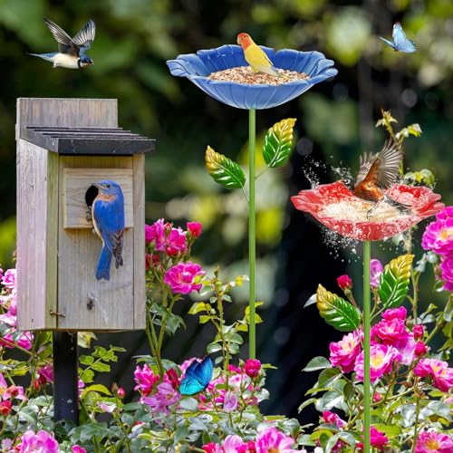 Image of 4 Pack Bird Bath for Outside, Outdoors Garden Decor Flower Birdbath | Colorful Metal Bird Bowl with Five Stakes for Bird Baths & Bird Feeders,31.3 inch H x 10.63 inch Dia (Royal Blue,Pink,Cyan,Deep Re