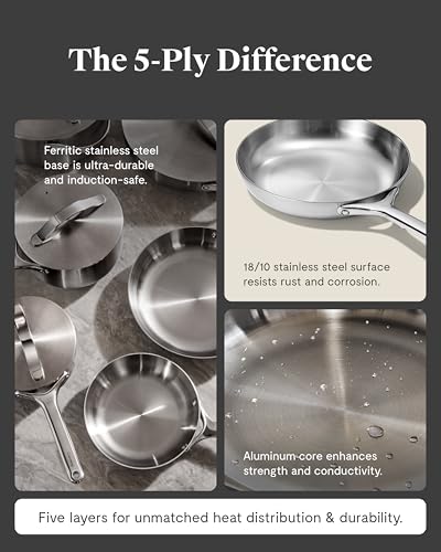 Image of Caraway Stainless Steel Deluxe Cookware Set (16 Piece) - 5-Ply Stainless Steel Pots, Frying Pans, Lids and Kitchen Storage - Non Toxic, PTFE & PFOA Free