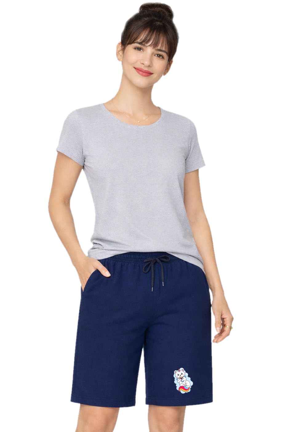 Womens Casual Lying Cat Printed Knee Length One Side Pocket Short-image-35