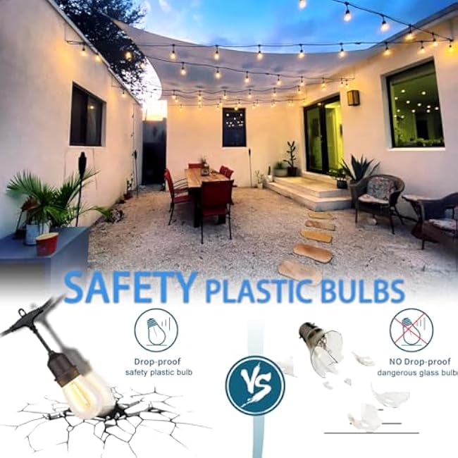 24 Feet Outdoor String Lights | IP65 Waterproof with 13 Shatterproof LED Bulbs | Warm White Patio Lights for Garden, Cafe & Wedding - 5-Minute Tangle-Free Setup with Hooks