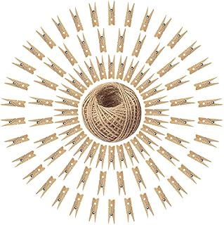 100PCS Mini Wooden Pegs - 3.5cm Wooden Photo Display Clips - Tiny Wooden Clothes Pegs with 30 M Jute String for Arts and Crafts, Weddings & Events