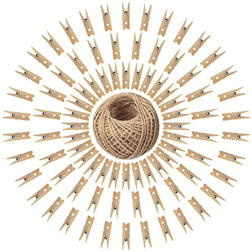 jijAcraft - Mini Pinzas de Madera Pequeñas Decorativas 3,5 cm, Clip de Madera para Colgar Fotos, 30M Cuerda de Yute y Pinzas Madera para Manualidades (Marrón) Cover