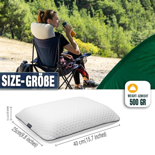 alkamto Reisekissen – Campingkissen – Ergonomisches Memory-Schaum-Kissen mit Temperaturregulierendem Bezug – Extra Baumwollbezug