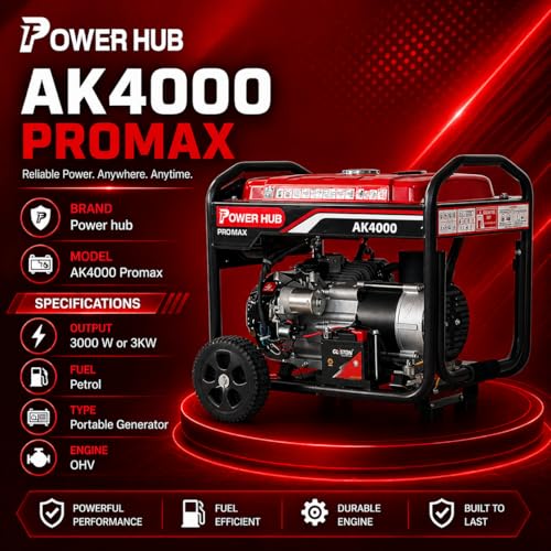 Image of POWER HUB PROMAX AK4000-3000 WATTS POWERED PETROL GENERATOR FOR HOME &COMMERCIAL USE|SELF START & RECOIL START|3000W OR 3KW|1 YEAR WARRANTY