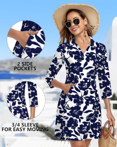 Image of WOWENY 3 /4 Sleeve Dress for Women with Pockets V Neck UPF 50+ Casual Sun Dress Breathable Quick Dry Beach Vacation