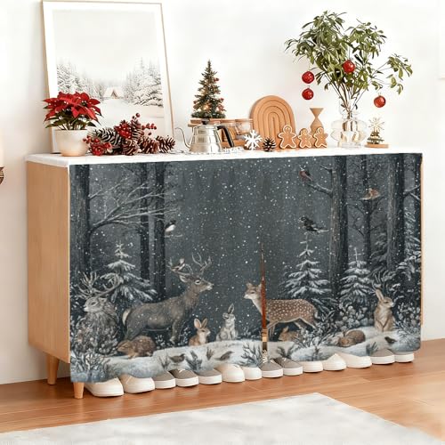 Image of Self Adhesive Forest Animals & Deer Cabinet Curtain for Mother's Day, 39x28 Inch Dark Woodland Under Sink Skirt No Drill, Spring Cleaning Kitchen Decor, Hook and Loop Laundry Valance