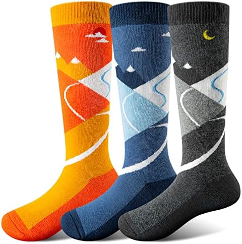 FanNicoo 3 Pack Kids Ski Socks OTC Warm Soft Non-Slip Cuff Winter Skiing Outdoor for Girls Boys(Orange+Gray+Blue), Small