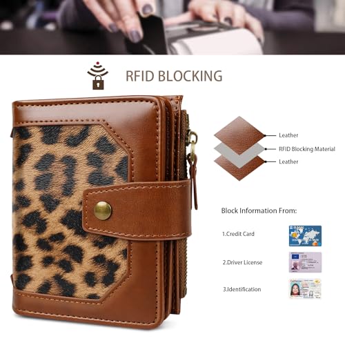 Image of Women Leather Wallet RFID Blocking Small Bifold Zipper Pocket Wallet Card Case Purse with ID Window, Leopard
