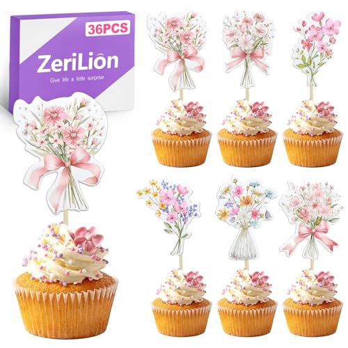 ZeriLion 36 Pcs Floral Cupcake Toppers Wildflower Cake Picks for Baby in Bloom Shower Bridal Shower Birthday and Garden Party Decorations