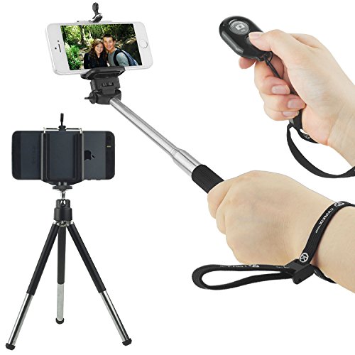Universal Wireless Selfie Kit including Selfie Stick, Tripod and Bluetooth Remote Control. Handsfree Control of Camera Shutter from a Distance of up to 30 feet. For iOS and Android Smartphones (Selfie Stick + Tripod + Bluetooth RC, Black)