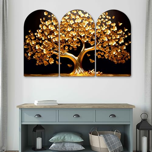 Image of Livin'luxe Golden Tree Arch Shape 3 Panel Wall Painting Set | Sparkle Laminated HD Print on MDF | Luxury Golden Tree Artwork for Living Room Bedroom Home Wall Decoration (24 x 36 Inch) RPNM-35360