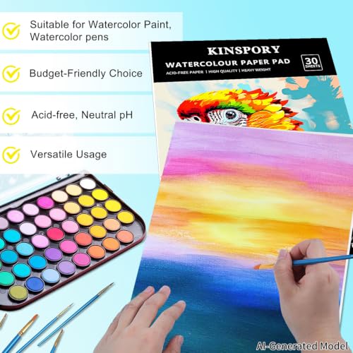 KINSPORY Aquarellpapier A4 mit 30 Blatt - 300gsm Aquarellblock, kaltgepresstes Textur-Aquarellpapier, Skizzenbuch, Wasserfarben Papier für Malerei, Zeichnung, Skizzen und Mischtechnik - 21 x 29,7 cm